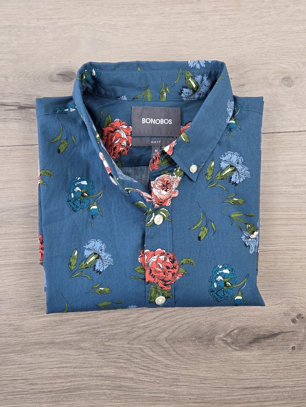 Bonobos Floral Rose Shirt Mens Medium Blue Short Sleeve Button Down Slim Fit